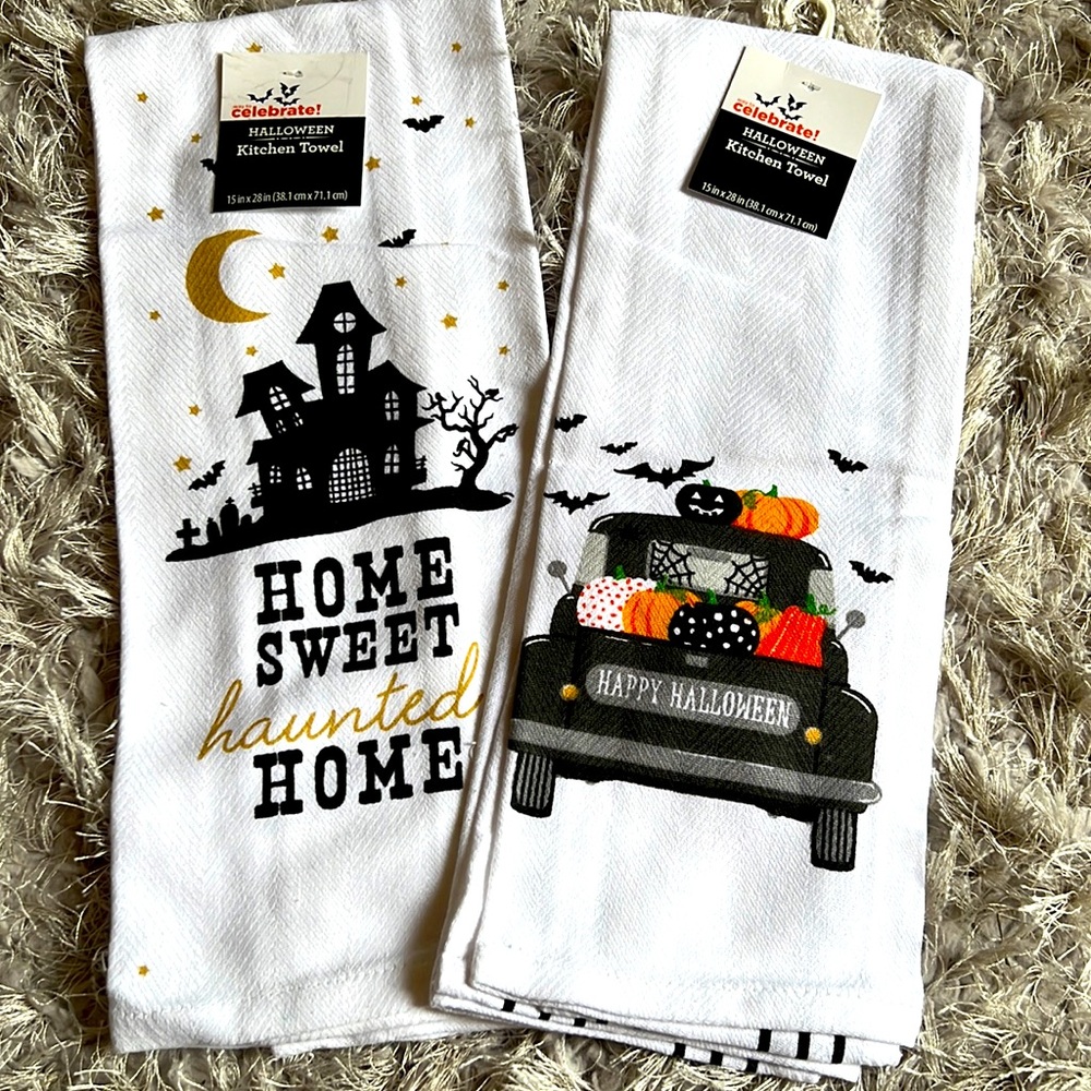Set of 2 Halloween/Pumpkin Kitchen Towels 100% Cotton “Home Sweet Haunted Home”